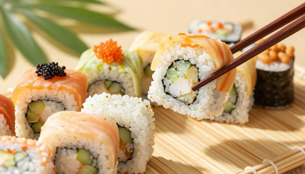 A beautifully arranged platter of sushi prominently featuring rice as the main focus, highlighting its importance as a source of calories. In the foreground, showcase a variety of sushi rolls adorned with colorful toppings, with a generous portion of perfectly steamed sushi rice visible. The middle ground should display a pair of chopsticks delicately picking up a sushi piece, accentuating the rice underneath. The background should include soft-focus elements such as a bamboo mat and green leaves, creating a natural ambiance. Use warm natural lighting to enhance the colors of the sushi, casting soft shadows for depth. The atmosphere should feel inviting and appetizing, inviting viewers to appreciate the essential role of rice in sushi dishes.