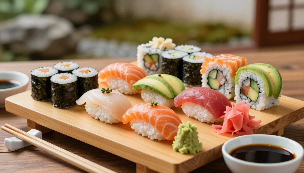A beautifully arranged platter of the most popular types of sushi, showcasing a variety of sushi styles including nigiri, sashimi, and maki rolls. The foreground features colorful sushi pieces, meticulously crafted with fresh ingredients like salmon, tuna, avocado, and cucumber, artfully garnished with wasabi and pickled ginger. In the middle ground, a wooden sushi board enhances the presentation, surrounded by delicate chopsticks and small dipping bowls filled with soy sauce. The background includes a softly blurred Japanese garden, adding an authentic ambiance to the scene. Natural light softly illuminates the sushi, enhancing its vivid colors and textures, while a slight top-down angle emphasizes the variety and beauty of the dish. The overall mood is inviting, warm, and appetizing, perfect for a culinary feature.