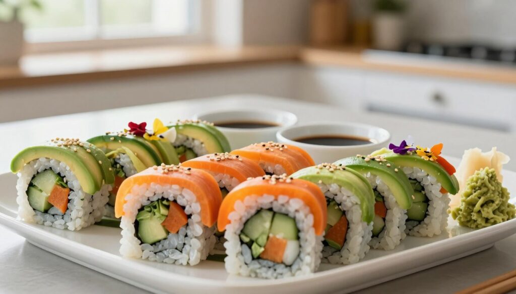 A beautifully arranged platter of vegetable and vegetarian sushi, featuring vibrant colors and fresh ingredients. In the foreground, include various sushi rolls made with avocado, cucumber, carrots, and bell peppers, garnished with sesame seeds and edible flowers. The middle ground showcases dipping sauces, like soy sauce and wasabi, in small elegant bowls. In the background, a softly blurred kitchen setting with natural light streaming in through a window, creating a warm and inviting atmosphere. Use a close-up angle to emphasize the details of the sushi and the fresh ingredients. The overall mood should be fresh, healthy, and inviting, perfect for showcasing vegetarian sushi creations.