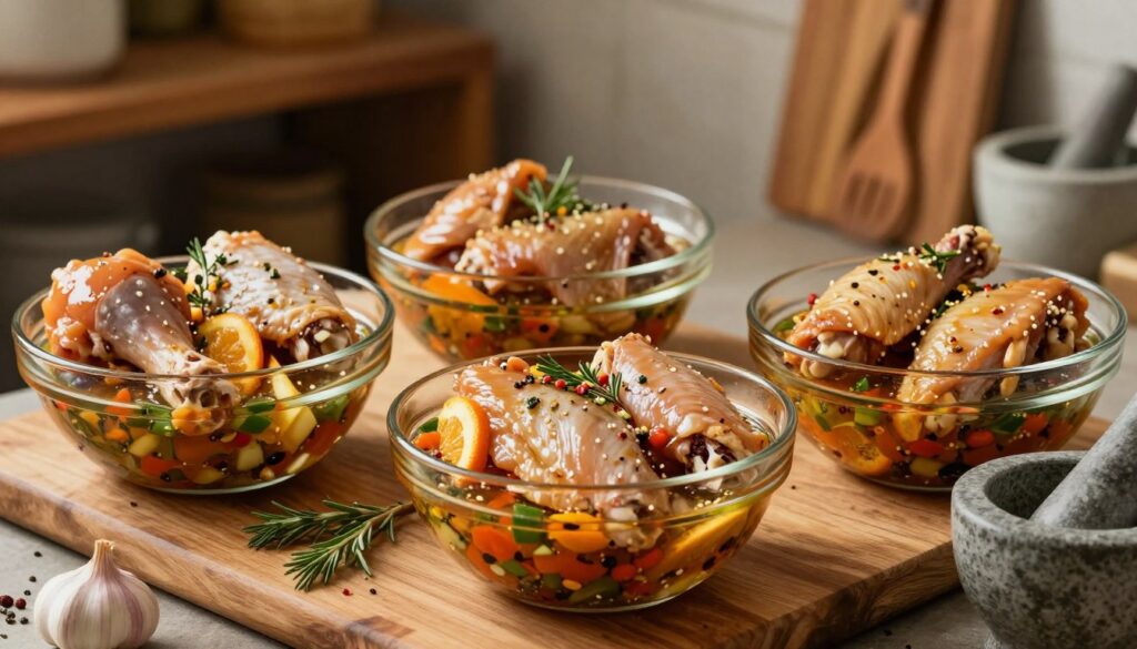 A beautifully arranged scene featuring marinated chicken breasts, thighs, and wings in various glass bowls. Each piece is well-coated with a vibrant marinade, showcasing a blend of herbs, spices, and colorful ingredients like garlic, herbs, and citrus. The foreground includes a wooden cutting board with fresh herbs scattered about and a small mortar and pestle, hinting at the preparation process. In the middle, the bowls of marinated chicken glisten under soft, warm lighting, emphasizing the richness of the flavors. The background features a rustic kitchen setting with a blurred view of wooden shelves and rustic utensils. The mood is inviting and warm, evoking a sense of anticipation for a delicious meal to come, all captured from a slightly elevated angle for depth.