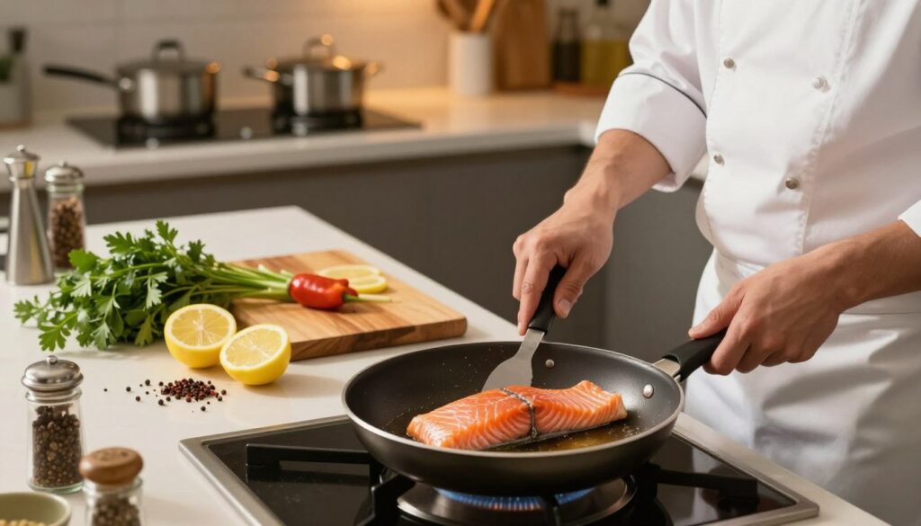 A beautifully arranged scene of a kitchen countertop featuring a skilled chef preparing salmon fillets. In the foreground, the chef, dressed in a crisp white apron and chef's hat, is carefully monitoring the sizzling salmon in a frying pan, ensuring it remains juicy and flavorful. The middle ground shows vibrant ingredients like fresh herbs, sliced lemons, and spices artfully arranged, conveying a sense of preparation. The background features a softly lit modern kitchen with gleaming utensils and pots, creating a warm and inviting atmosphere. Soft golden lighting highlights the rich colors of the salmon and ingredients, while the camera angle captures the action from a slightly overhead perspective, emphasizing a professional cooking environment focused on avoiding dryness during frying.