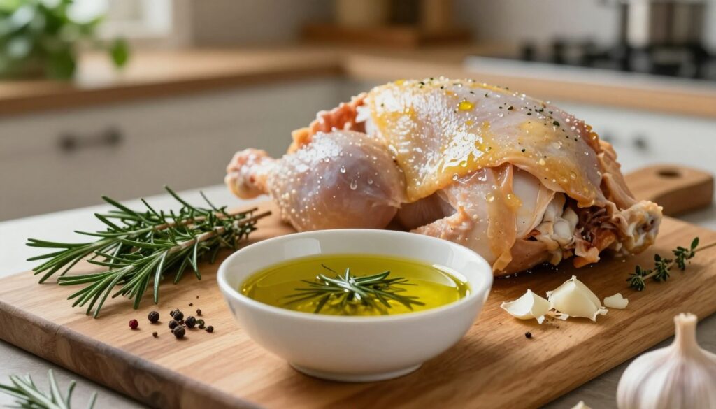 A beautifully arranged scene of a vibrant and aromatic chicken marinade preparation. In the foreground, a wooden cutting board holds a bowl filled with a rich mixture of olive oil, herbs, garlic, and spices. Fresh ingredients like rosemary, thyme, and minced garlic are scattered artistically around the bowl. In the middle ground, a marinated chicken piece glistens, ready for cooking, with droplets of marinade clinging to it. The background features a cozy kitchen with soft, warm lighting, creating an inviting atmosphere. A hint of greenery from potted herbs adds freshness. The photo is captured with a shallow depth of field, drawing focus to the marinade while softly blurring the kitchen elements, evoking a sense of home cooking and culinary creativity.