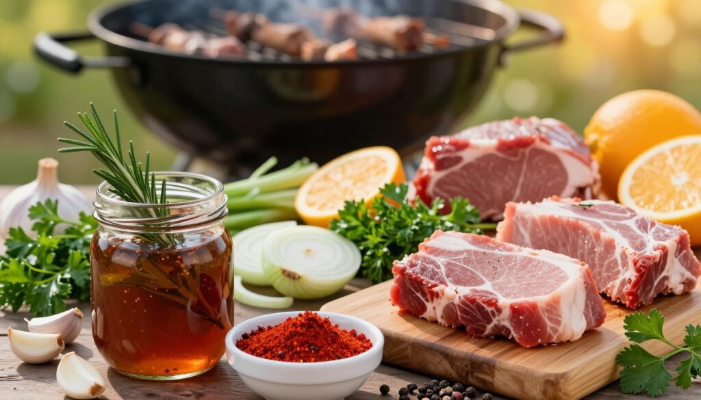 A beautifully arranged selection of marinades for pork neck and loin, showcasing an array of colorful herbs and spices. In the foreground, a glass jar filled with a rich, dark marinade, garnished with fresh rosemary and garlic cloves. Beside it, a small bowl of vibrant red paprika, and another with coarse black pepper. In the middle, various fresh ingredients like sliced onions, sprigs of parsley, and citrus fruits add brightness and flavor. The background features a blurred barbecue grill, hinting at a warm summer day, bathed in golden sunlight. The atmosphere is inviting and culinary-focused, evoking a sense of delicious anticipation and outdoor feasting. The image should be vibrant with a slight depth of field effect, highlighting the marinades while softening the background for a clear focus. A beautifully arranged selection of marinades for pork neck and loin, showcasing an array of colorful herbs and spices. In the foreground, a glass jar filled with a rich, dark marinade, garnished with fresh rosemary and garlic cloves. Beside it, a small bowl of vibrant red paprika, and another with coarse black pepper. In the middle, various fresh ingredients like sliced onions, sprigs of parsley, and citrus fruits add brightness and flavor. The background features a blurred barbecue grill, hinting at a warm summer day, bathed in golden sunlight. The atmosphere is inviting and culinary-focused, evoking a sense of delicious anticipation and outdoor feasting. The image should be vibrant with a slight depth of field effect, highlighting the marinades while softening the background for a clear focus.