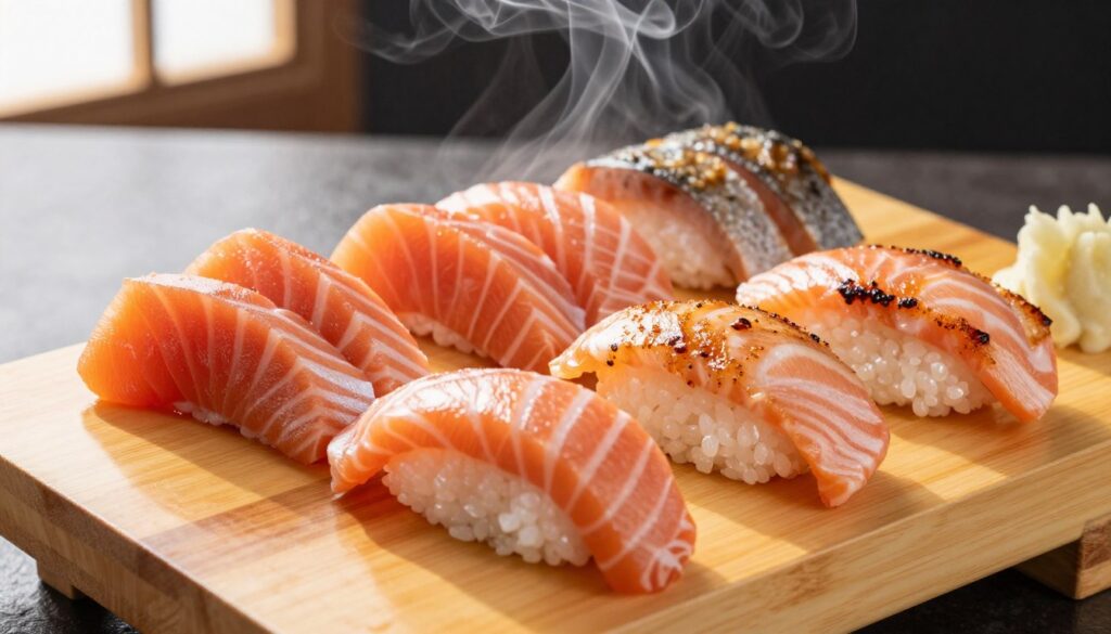 A beautifully arranged selection of salmon types for sushi, featuring raw sashimi-style slices glistening with freshness, alongside lightly grilled salmon pieces showcasing their crispy texture. In the background, delicate smoke wafts from some gently smoked salmon, enhancing the visual appeal. The scene is set on a polished wooden sushi board, which contrasts with the vibrant colors of the salmon. Natural light streams from the side, illuminating the rich hues of the fish and creating soft shadows for depth. The overall atmosphere is calm and inviting, evoking a sense of gourmet dining elegance. Capture the seductive presentation and variety, emphasizing the quality of these salmon types suitable for sushi preparation.
