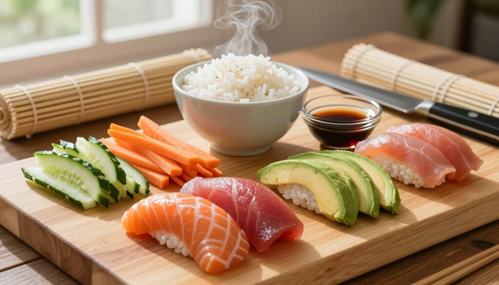 A beautifully arranged selection of sushi ingredients spread elegantly on a wooden cutting board. In the foreground, vibrant, fresh slices of salmon, tuna, and avocado are highlighted next to piles of finely chopped cucumber and carrots. A bowl of steaming white sushi rice is centered, with a small glass dish of soy sauce. The middle of the scene includes bamboo sushi rolling mats and a sharp chef's knife. In the background, soft natural light filters through a nearby window, casting gentle shadows, creating a warm and inviting atmosphere. The setting emphasizes the freshness and preparation of sushi, with a focus on the colors and textures of the ingredients. No text or distractions, just a clean, culinary aesthetic. A beautifully arranged selection of sushi ingredients spread elegantly on a wooden cutting board. In the foreground, vibrant, fresh slices of salmon, tuna, and avocado are highlighted next to piles of finely chopped cucumber and carrots. A bowl of steaming white sushi rice is centered, with a small glass dish of soy sauce. The middle of the scene includes bamboo sushi rolling mats and a sharp chef's knife. In the background, soft natural light filters through a nearby window, casting gentle shadows, creating a warm and inviting atmosphere. The setting emphasizes the freshness and preparation of sushi, with a focus on the colors and textures of the ingredients. No text or distractions, just a clean, culinary aesthetic.