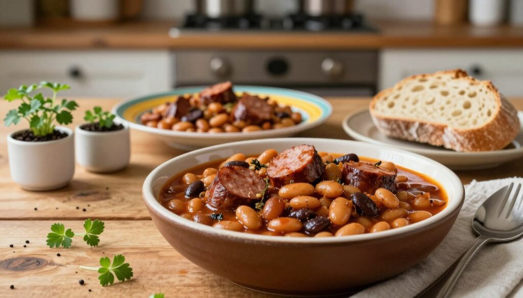 A beautifully arranged serving of "fasolka po bretońsku" in a rustic bowl, highlighting the rich texture of the beans and sausage in a thick, aromatic stew. The foreground features a wooden table with small pots of fresh herbs for garnish, enhancing the homely feel. In the middle ground, a vibrant, inviting plate of this traditional dish sits next to a slice of crusty bread, ready to be enjoyed. Soft, diffused lighting illuminates the scene, creating a warm, welcoming atmosphere. In the background, a cozy kitchen setting is subtly blurred, hinting at a homey environment. The image captures the essence of comfort food, appealing for readers interested in serving and storing this delightful dish.