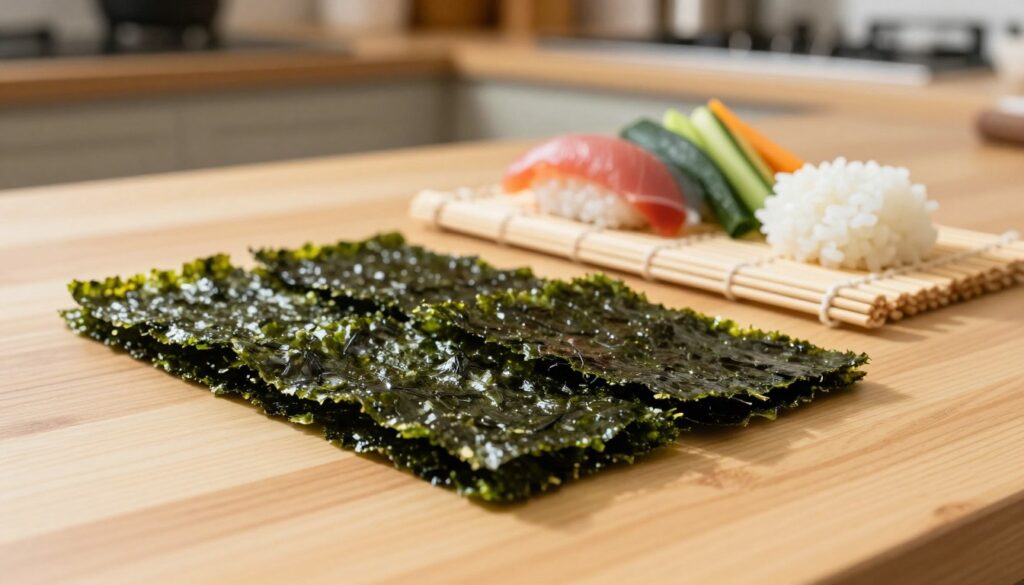 A beautifully arranged set of nori sheets for making sushi, displayed prominently in the foreground. The nori is dark green, glossy, and textured, showcasing its unique seaweed structure. In the middle ground, a bamboo sushi mat and a selection of colorful sushi ingredients, such as vibrant slices of fresh fish, crisp vegetables, and short-grain sushi rice, add visual interest. The background features a softly blurred kitchen setting, warm wooden countertops, and a subtle hint of natural light streaming in, creating a cozy, inviting atmosphere. The scene captures the essence of sushi-making, emphasizing the importance of nori in the process. The composition is well-balanced, with a focus on texture, color, and the artistry of sushi preparation. A beautifully arranged set of nori sheets for making sushi, displayed prominently in the foreground. The nori is dark green, glossy, and textured, showcasing its unique seaweed structure. In the middle ground, a bamboo sushi mat and a selection of colorful sushi ingredients, such as vibrant slices of fresh fish, crisp vegetables, and short-grain sushi rice, add visual interest. The background features a softly blurred kitchen setting, warm wooden countertops, and a subtle hint of natural light streaming in, creating a cozy, inviting atmosphere. The scene captures the essence of sushi-making, emphasizing the importance of nori in the process. The composition is well-balanced, with a focus on texture, color, and the artistry of sushi preparation.