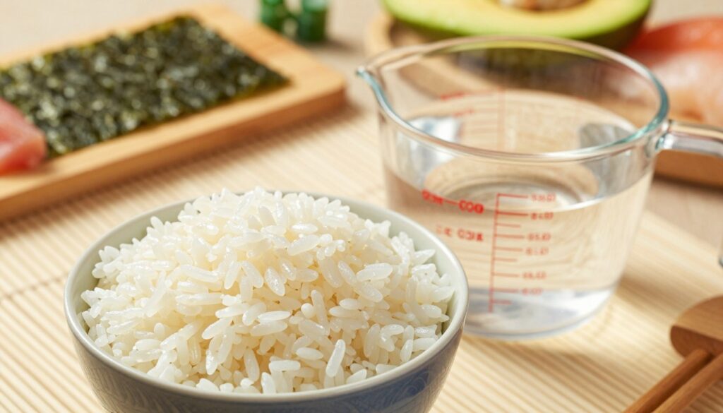 A beautifully arranged sushi-making setup featuring a bowl of short-grain sushi rice next to a measuring cup of water to illustrate the rice-to-water ratio. In the foreground, prominently display the bowl filled with glistening, perfectly cooked sushi rice. In the middle ground, position the measuring cup filled with water, artistically tilting it to suggest the required measurements for sushi preparation. The background should consist of a wooden sushi mat and fresh sushi ingredients like nori, avocado, and fish, creating an inviting atmosphere. Soft, natural lighting enhances the textures of the rice and ingredients, while a shallow depth of field focuses on the rice and water, blurring the background slightly. The overall mood is warm and nurturing, conveying a sense of home cooking.