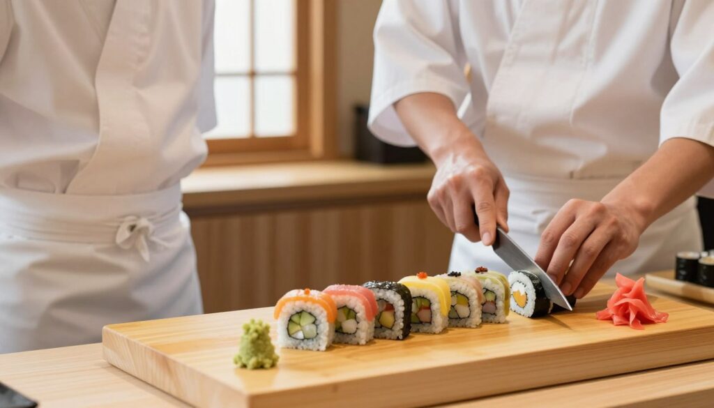 A beautifully arranged sushi plate is being sliced and served on a clean wooden cutting board. The foreground features a professional chef in a stylish white apron, skillfully using a sharp knife to cut neatly rolled sushi. In the middle, a colorful array of various sushi rolls, garnished with wasabi and pickled ginger, is prominent, inviting the viewer to explore the delicate presentation. The background has a softly blurred wood-paneled kitchen, accentuated with natural light streaming through a nearby window, creating a warm and inviting atmosphere. The photo captures the meticulous process of sushi preparation, emphasizing the artistry and care involved. The focus is sharp on the sushi and chef, with a shallow depth of field blurring the background slightly for added depth.