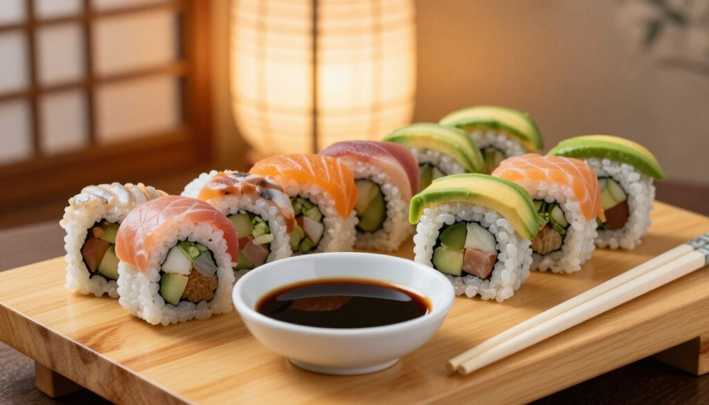 A beautifully arranged sushi platter centered on a traditional wooden serving board. In the foreground, a small, elegant soy sauce dish filled with dark, glossy soy sauce, accompanied by a pair of delicate white chopsticks. The sushi rolls are vibrant, showcasing a variety of colors, with fresh fish, vegetables, and avocado, artistically placed around the soy sauce. In the middle ground, a blurred backdrop includes a traditional Japanese paper lantern softly illuminated, adding a warm and inviting glow to the scene. The atmosphere is calm and refined, emphasizing the cultural significance of sushi and the essential role of soy sauce in the dining experience. Capture this scene with soft lighting, a shallow depth of field, and a slightly elevated angle to enhance the visual appeal of the sushi and the accompanying elements. A beautifully arranged sushi platter centered on a traditional wooden serving board. In the foreground, a small, elegant soy sauce dish filled with dark, glossy soy sauce, accompanied by a pair of delicate white chopsticks. The sushi rolls are vibrant, showcasing a variety of colors, with fresh fish, vegetables, and avocado, artistically placed around the soy sauce. In the middle ground, a blurred backdrop includes a traditional Japanese paper lantern softly illuminated, adding a warm and inviting glow to the scene. The atmosphere is calm and refined, emphasizing the cultural significance of sushi and the essential role of soy sauce in the dining experience. Capture this scene with soft lighting, a shallow depth of field, and a slightly elevated angle to enhance the visual appeal of the sushi and the accompanying elements.