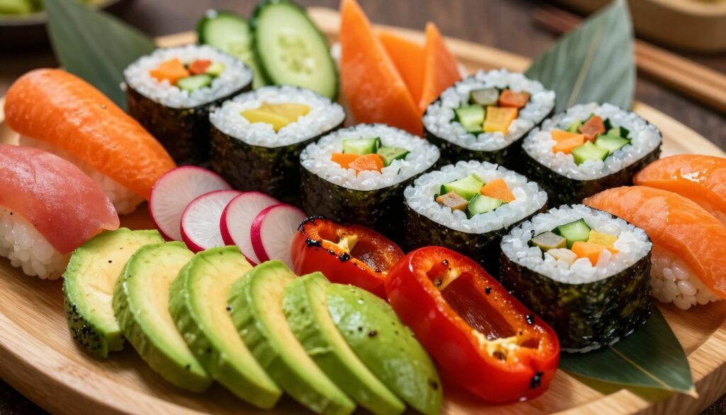 A beautifully arranged sushi platter featuring a variety of colorful vegetables used in sushi, showcasing a rich diversity of flavors and textures. In the foreground, vivid slices of avocado, crunchy cucumber, and roasted bell peppers are artistically placed beside fresh radish and vibrant carrots. The middle ground displays neatly rolled sushi with visible vegetable fillings, highlighting their contrasting colors and shapes. The background is softly blurred with hints of green bamboo leaves, enhancing the natural look. The lighting is warm and inviting, emphasizing the freshness of the ingredients, while the angle captures the sushi from a slight overhead perspective, creating a sense of abundance. The overall mood is fresh, appetizing, and inviting, perfect for showcasing a variety of vegetable options for sushi. A beautifully arranged sushi platter featuring a variety of colorful vegetables used in sushi, showcasing a rich diversity of flavors and textures. In the foreground, vivid slices of avocado, crunchy cucumber, and roasted bell peppers are artistically placed beside fresh radish and vibrant carrots. The middle ground displays neatly rolled sushi with visible vegetable fillings, highlighting their contrasting colors and shapes. The background is softly blurred with hints of green bamboo leaves, enhancing the natural look. The lighting is warm and inviting, emphasizing the freshness of the ingredients, while the angle captures the sushi from a slight overhead perspective, creating a sense of abundance. The overall mood is fresh, appetizing, and inviting, perfect for showcasing a variety of vegetable options for sushi.