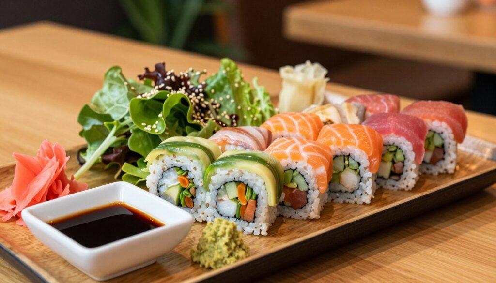 A beautifully arranged sushi platter featuring a variety of low-calorie sushi options suitable for a diet, specifically for individuals with insulin resistance. In the foreground, show colorful sushi rolls made with fresh vegetables, lean fish like salmon and tuna, and brown rice. Include a small dish of soy sauce and wasabi, and garnishes like pickled ginger. In the middle ground, add a fresh salad with greens and sesame dressing to complement the meal. The background should feature a softly lit dining setting with wooden tables and a touch of natural greenery. Use warm lighting to create a welcoming atmosphere, and ensure the angle captures the vivid colors and textures of the sushi, emphasizing health and nutrition.