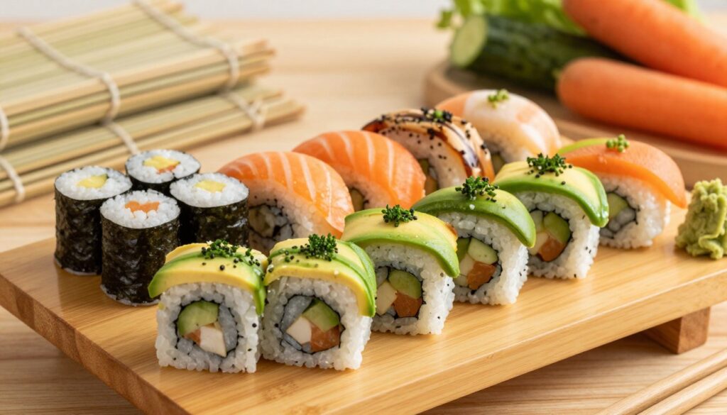 A beautifully arranged sushi platter featuring safe options for pregnant women, such as vegetable rolls, cooked seafood, and avocado sushi. The foreground showcases colorful sushi rolls garnished with fresh herbs and wasabi, presented on an elegant wooden platter. In the middle, soft lighting bathes the sushi in a warm glow, creating a welcoming atmosphere. A light, out-of-focus background includes carefully placed bamboo mats and fresh ingredients like cucumbers and carrots, enhancing the overall freshness. The scene is viewed from a slightly elevated angle to capture the intricate details of each sushi piece. The mood is calm and inviting, emphasizing the enjoyment of safe sushi choices in a serene dining environment. A beautifully arranged sushi platter featuring safe options for pregnant women, such as vegetable rolls, cooked seafood, and avocado sushi. The foreground showcases colorful sushi rolls garnished with fresh herbs and wasabi, presented on an elegant wooden platter. In the middle, soft lighting bathes the sushi in a warm glow, creating a welcoming atmosphere. A light, out-of-focus background includes carefully placed bamboo mats and fresh ingredients like cucumbers and carrots, enhancing the overall freshness. The scene is viewed from a slightly elevated angle to capture the intricate details of each sushi piece. The mood is calm and inviting, emphasizing the enjoyment of safe sushi choices in a serene dining environment.