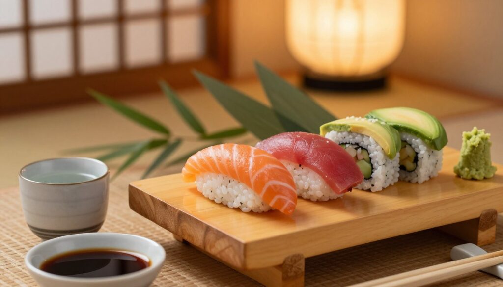 A beautifully arranged sushi platter featuring various types of sushi rolls, including salmon, tuna, and avocado, elegantly placed on a traditional wooden sushi board. In the foreground, a delicate ceramic sake cup filled with clear, fragrant sake sits beside a small dish of soy sauce and a pair of chopsticks. The middle ground includes soft-focus green bamboo leaves and wasabi, adding texture and color. The background features a subtle blur of a traditional Japanese paper lantern, softly glowing in warm light that creates a welcoming ambiance. The scene is captured with a close-up lens, showcasing intricate details of the sushi, evoking a sense of serenity and authenticity of Japanese dining culture. The overall mood is warm, inviting, and sophisticated, perfect for a traditional culinary experience.