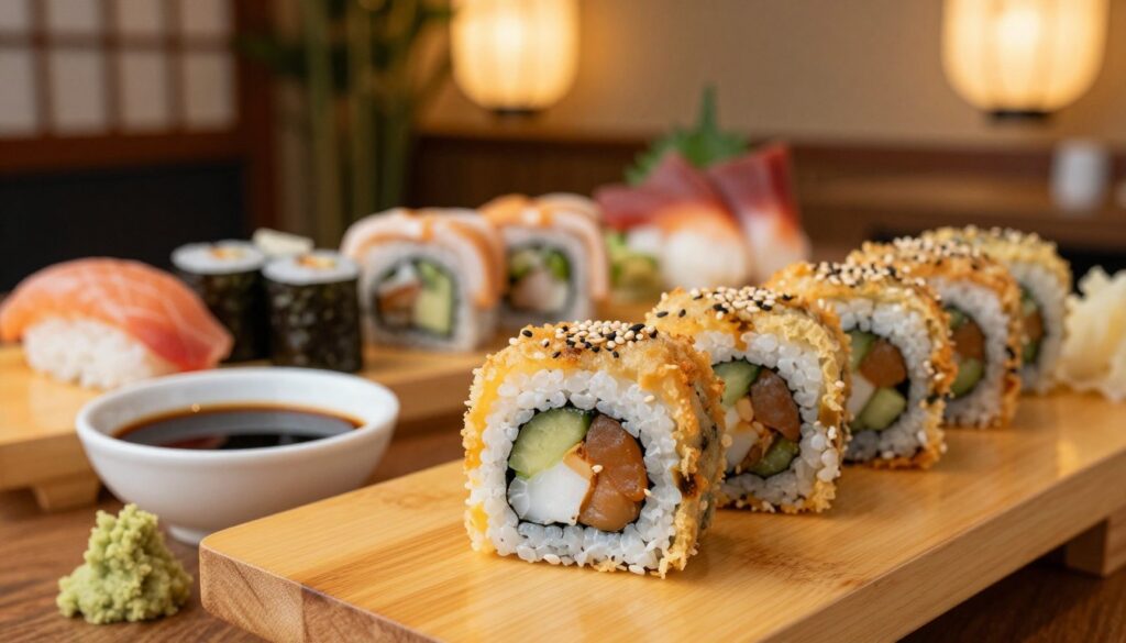 A beautifully arranged sushi platter featuring various types of sushi rolls, particularly showcasing tempura rolls that highlight their rich ingredients. In the foreground, a detailed close-up of a tempura sushi roll garnished with sesame seeds and served with soy sauce and wasabi. The middle ground showcases additional sushi varieties such as classic rolls and sashimi, all presented on a traditional wooden board. The background softly blurs with hints of a Japanese-style restaurant interior, including paper lanterns and bamboo plants, creating a warm and inviting atmosphere. The lighting is soft and warm, enhancing the textures of the sushi. Photographed from a slightly elevated angle to capture both the details and the overall presentation.
