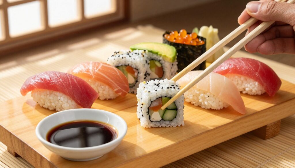 A beautifully arranged sushi platter featuring various types of sushi, such as nigiri and maki, served on a traditional wooden sushi board. In the foreground, a pair of elegant chopsticks dips into a small dish of dark soy sauce, showcasing the act of seasoning sushi. The middle ground includes the sushi rolls artfully placed on the board, with bright, fresh ingredients like tuna, avocado, and cucumber visible. Soft, ambient lighting filters in from a nearby window, casting gentle shadows to create a warm and inviting atmosphere. In the background, a subtle bamboo mat adds texture, enhancing the Asian dining aesthetic while keeping the focus on the sushi and the soy sauce. The image conveys a sense of culinary delight and cultural appreciation.