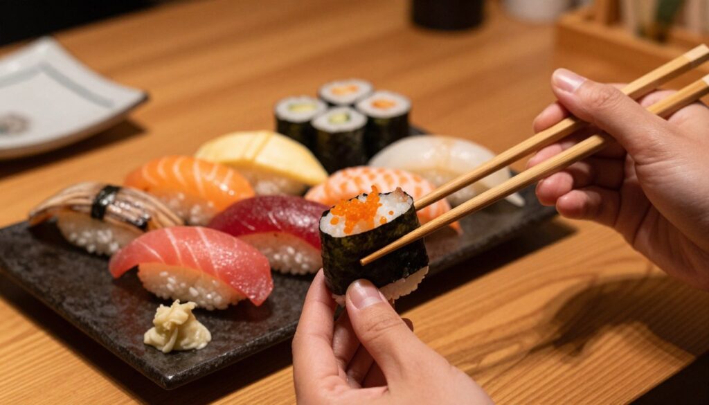 A beautifully arranged sushi platter on a traditional wooden table, featuring an assortment of colorful sushi pieces, including nigiri and maki rolls. In the foreground, a pair of elegant chopsticks gracefully grasp a piece of sushi, showcasing the technique of eating sushi using chopsticks. Beside it, a hand gently reaches for a piece of sushi with fingers, demonstrating the alternate method of eating sushi with hands. The background is softly blurred to emphasize the sushi and hands, while warm, ambient lighting creates an inviting atmosphere. The scene is captured from a top-down angle to highlight both utensils and the sushi, conveying a sense of cultural richness and culinary delight.