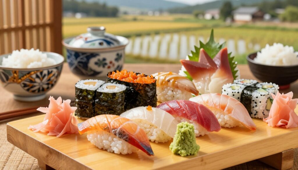 A beautifully arranged sushi platter showcasing various types of sushi, including nigiri, maki, and sashimi, skillfully placed on a wooden sushi board. In the foreground, details of the sushi, like the vibrant colors of the fish, bright green wasabi, and delicate ginger, are highlighted. The middle ground features a traditional Japanese setting with bamboo decor and ornate ceramics that reflect the historical roots of sushi and fermented rice. In the background, a soft-focused image of rice paddies and a serene Japanese landscape under gentle sunlight creates an inviting and tranquil atmosphere. The lighting is warm and inviting, enhancing the natural colors of the food. This composition conveys the cultural significance and rich history of sushi as a beloved dish.
