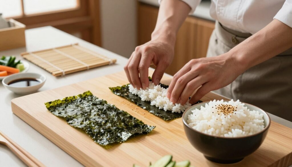 A beautifully arranged sushi preparation scene, focusing on the process of preparing nori sheets and sushi rice. In the foreground, a clean wooden cutting board displays a shiny sheet of nori beside a bowl of perfectly cooked, fluffy sushi rice sprinkled with sesame seeds. The middle ground features a pair of hands, clad in modest, casual attire, expertly smoothing the rice onto the nori. In the background, a well-lit kitchen counter with bamboo mats, a small dish of soy sauce, and a few sliced vegetables adds context. Soft, natural light streams in from a nearby window, creating a warm, inviting atmosphere that emphasizes the art of sushi making. The image should evoke a sense of culinary creativity and comfort.