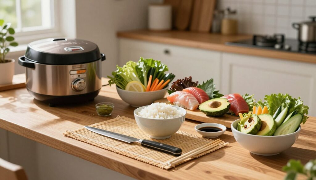 A beautifully arranged sushi preparation station at home. In the foreground, a bamboo sushi mat, sharp sushi knife, and a rice cooker sit on a wooden countertop. A variety of fresh ingredients, including sushi-grade fish, avocado, cucumber, and colorful vegetables, are artfully displayed in bowls. In the middle, a well-lit bowl of sushi rice is resting next to a small dish of soy sauce and a pair of chopsticks. The background features a simple, clean kitchen setting with light-colored cabinets and subtle greenery, creating a warm and inviting atmosphere. Natural sunlight floods in from a window, casting soft shadows to enhance the cozy vibe. The image should evoke excitement and readiness for sushi-making.