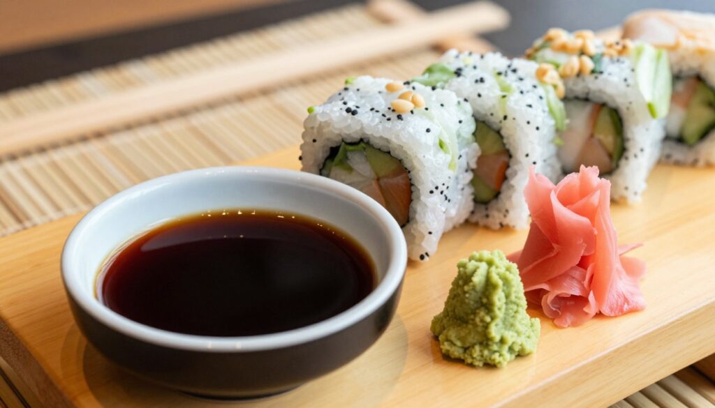 A beautifully arranged sushi serving featuring soy sauce, wasabi, and pickled ginger, elegantly displayed on a wooden sushi platter. In the foreground, a small ceramic bowl filled with rich, dark soy sauce glistens under soft, natural lighting. A dollop of vibrant green wasabi sits beside it, and a mound of delicate, pink pickled ginger adds a pop of color. The middle ground showcases assorted sushi rolls, artfully crafted with fresh ingredients. In the background, blurred bamboo sushi mats hint at an authentic sushi-making experience. The scene is warm and inviting, evoking a sense of culinary craftsmanship and cultural tradition. The angle captures the delightful textures and colors, inviting viewers into the world of sushi delicacies. A beautifully arranged sushi serving featuring soy sauce, wasabi, and pickled ginger, elegantly displayed on a wooden sushi platter. In the foreground, a small ceramic bowl filled with rich, dark soy sauce glistens under soft, natural lighting. A dollop of vibrant green wasabi sits beside it, and a mound of delicate, pink pickled ginger adds a pop of color. The middle ground showcases assorted sushi rolls, artfully crafted with fresh ingredients. In the background, blurred bamboo sushi mats hint at an authentic sushi-making experience. The scene is warm and inviting, evoking a sense of culinary craftsmanship and cultural tradition. The angle captures the delightful textures and colors, inviting viewers into the world of sushi delicacies.