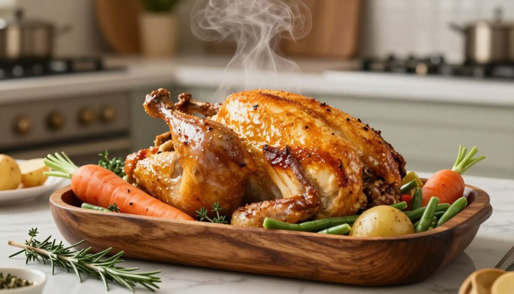 A beautifully arranged whole chicken, golden-brown and glistening, surrounded by an array of fresh, colorful vegetables such as carrots, potatoes, and green beans. The chicken is placed in a rustic, wooden dish on a marble countertop. In the foreground, sprigs of rosemary and thyme add a touch of freshness. The middle layer captures the mouth-watering details of the chicken's skin, with steam rising gently, indicating it’s freshly cooked. The background features a softly blurred kitchen with warm, inviting lighting, creating a cozy atmosphere. The entire scene evokes a sense of home-cooking and comfort, highlighting the deliciousness of a traditional meal. The composition should be inviting and appetizing, inviting the viewer to appreciate the beauty of this culinary creation.