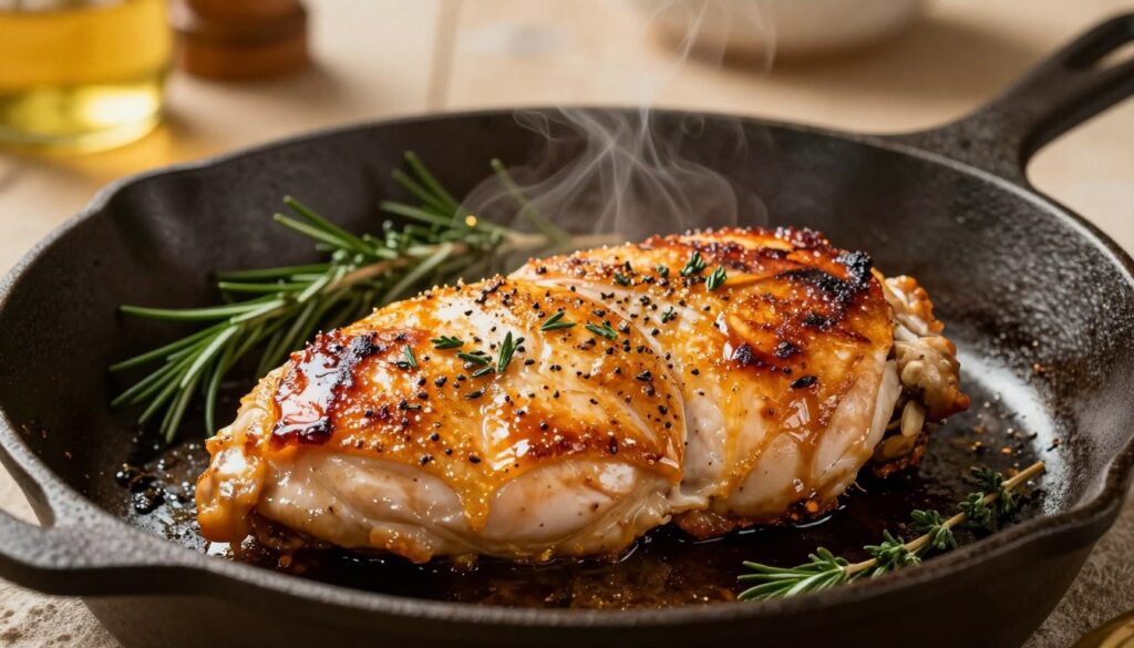 A beautifully cooked chicken breast, glistening with golden-brown, crispy skin, is sizzling in a cast-iron skillet. The chicken is placed prominently in the foreground, capturing details like flavorful herb seasoning and the warm, rendered fat glistening around it. In the middle ground, fresh herbs such as rosemary and thyme are arranged artfully, adding a pop of green. The background features a softly blurred kitchen setting with warm, ambient lighting that creates a cozy atmosphere, evoking a sense of home-cooked comfort. The angle is slightly overhead to emphasize the chicken's juiciness and texture, inviting the viewer to imagine the savory aroma wafting through the air, enhancing the scene's appetizing appeal.