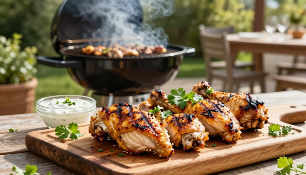 A beautifully grilled chicken marinated in yogurt, showcasing mouthwatering golden-brown skin with charred grill marks. The foreground features tender, juicy pieces of chicken on a rustic wooden cutting board, garnished with fresh herbs like cilantro and parsley for color. In the middle ground, a beautifully arranged outdoor grill exudes a warm, inviting ambiance, radiating soft smoke. The background captures a sunlit patio with blurred greenery, enhancing the freshness of a summer day. The scene is illuminated by natural sunlight, creating vibrant and appetizing colors. The atmosphere is welcoming and cozy, ideal for a summer cookout, inviting viewers to enjoy a delicious and healthy meal.