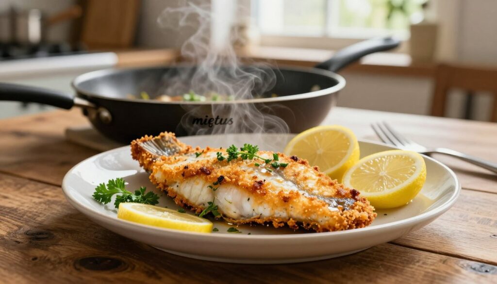 A beautifully plated dish of pan-fried catfish, known as "miętus", featuring a golden, crispy crust without any breading. In the foreground, the fish fillet is arranged on a rustic wooden table, garnished with fresh herbs like parsley and slices of lemon that add a vibrant touch. The fish is sizzling slightly, with steam rising, suggesting it has just been cooked to perfection. In the middle, a frying pan is partially visible, showcasing the cooking process with a hint of oil shimmering. The background features a warm and inviting kitchen atmosphere, with soft, natural light filtering through a window, emphasizing the deliciousness of the dish. The overall mood is warm and appetizing, ideal for showcasing this delightful cooking technique.