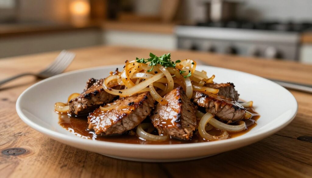 A beautifully plated dish of sautéed liver with caramelized onions and a rich, dark sauce, set on a rustic wooden table. In the foreground, the liver is glistening with a golden-brown sear, surrounded by a generous heap of soft, golden onions. The sauce, glossy and aromatic, pools gently around the liver. In the middle ground, a sprinkle of fresh herbs adds a touch of green, enhancing the visual appeal. The background features a softly blurred kitchen setting, with warm, ambient lighting creating a cozy atmosphere. The angle captures the dish from a slight overhead perspective, emphasizing its texture and detail while evoking a comforting, inviting feel perfect for a home-cooked meal. A beautifully plated dish of sautéed liver with caramelized onions and a rich, dark sauce, set on a rustic wooden table. In the foreground, the liver is glistening with a golden-brown sear, surrounded by a generous heap of soft, golden onions. The sauce, glossy and aromatic, pools gently around the liver. In the middle ground, a sprinkle of fresh herbs adds a touch of green, enhancing the visual appeal. The background features a softly blurred kitchen setting, with warm, ambient lighting creating a cozy atmosphere. The angle captures the dish from a slight overhead perspective, emphasizing its texture and detail while evoking a comforting, inviting feel perfect for a home-cooked meal.