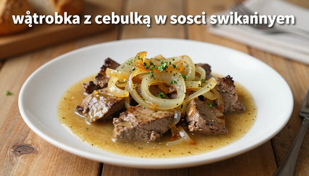 A beautifully plated dish of "wątróbka z cebulką w sosie własnym," showcasing sautéed pork liver topped with caramelized onions in a rich, savory sauce. The foreground features the dish centered on a rustic wooden table, with a fork placed slightly to the side. In the middle, a creamy, golden-brown sauce glistens over tender pieces of liver and soft, translucent onions, peppered with a sprinkle of fresh herbs for garnish. The background is softly blurred, hinting at a cozy kitchen setting with warm, inviting lighting that creates a homey atmosphere. The image captures the heartwarming essence of Polish cuisine, evoking comfort and nostalgia. The angle is slightly overhead, allowing for a clear view of the dish's textures and colors, ideal for enticing food photography.