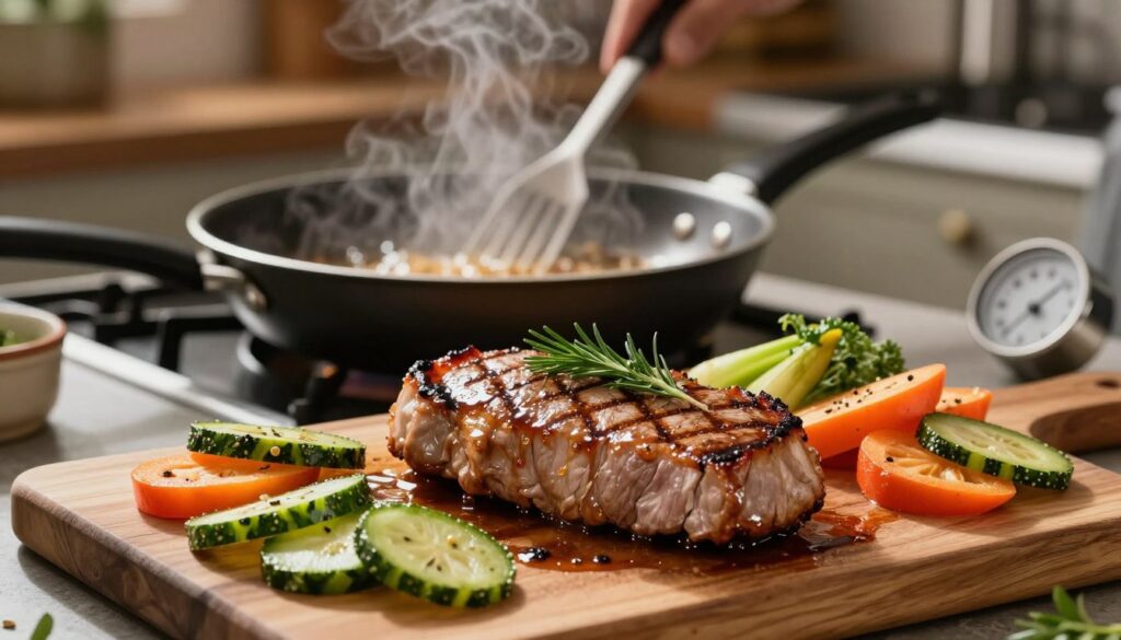 A beautifully plated pork tenderloin garnished with fresh herbs, presented on a wooden cutting board, showcasing various techniques for frying to maintain juiciness. The foreground features the succulent meat, glistening with a light glaze and precise grill marks, surrounded by colorful vegetables sliced into thin, vibrant pieces. In the middle, a frying pan with sizzling oil and steam rising, emphasizing the cooking process of the tenderloin, alongside kitchen utensils like tongs and a meat thermometer. The background softly fades into a cozy kitchen setting with warm, inviting lighting, creating an atmosphere of culinary warmth and expertise, captured from a slightly elevated angle to highlight the textures and colors. The overall mood invites viewers to explore the art of frying for optimal juiciness. A beautifully plated pork tenderloin garnished with fresh herbs, presented on a wooden cutting board, showcasing various techniques for frying to maintain juiciness. The foreground features the succulent meat, glistening with a light glaze and precise grill marks, surrounded by colorful vegetables sliced into thin, vibrant pieces. In the middle, a frying pan with sizzling oil and steam rising, emphasizing the cooking process of the tenderloin, alongside kitchen utensils like tongs and a meat thermometer. The background softly fades into a cozy kitchen setting with warm, inviting lighting, creating an atmosphere of culinary warmth and expertise, captured from a slightly elevated angle to highlight the textures and colors. The overall mood invites viewers to explore the art of frying for optimal juiciness.
