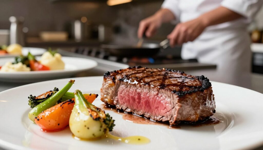 A beautifully presented medium-rare steak cooked using the double-searing method. In the foreground, the steak is perfectly charred on the outside, with juices glistening and a warm pink center visible through a cross-section. Surrounding the steak, a variety of colorful side dishes such as roasted vegetables and creamy mashed potatoes are artistically arranged. In the background, a well-equipped kitchen visible, with a professional chef in a white apron overseeing the cooking process. Soft, warm lighting illuminates the scene, enhancing the textures of the food. The image is shot from a slight angle to capture depth, showcasing the rich details and inviting atmosphere of a culinary masterpiece. A beautifully presented medium-rare steak cooked using the double-searing method. In the foreground, the steak is perfectly charred on the outside, with juices glistening and a warm pink center visible through a cross-section. Surrounding the steak, a variety of colorful side dishes such as roasted vegetables and creamy mashed potatoes are artistically arranged. In the background, a well-equipped kitchen visible, with a professional chef in a white apron overseeing the cooking process. Soft, warm lighting illuminates the scene, enhancing the textures of the food. The image is shot from a slight angle to capture depth, showcasing the rich details and inviting atmosphere of a culinary masterpiece.