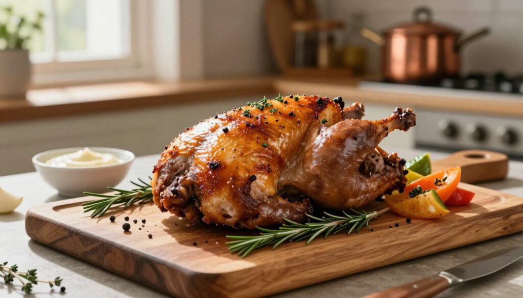 A beautifully roasted rabbit garnished with fresh herbs, spices, and colorful vegetables, displayed on an elegant wooden cutting board. In the foreground, the rabbit is presented in a golden-brown glaze, showcasing crispy skin and succulent meat, with herbs like rosemary and thyme sprinkled artfully around. The middle ground features a rustic kitchen setting, with a hint of creamy garlic sauce in a small bowl beside it. Soft, natural lighting filters through a nearby window, casting gentle shadows that add depth to the scene. In the background, warm-toned kitchen elements, such as copper pots and a spice rack, create an inviting atmosphere that conveys homely cooking. The overall mood is warm, inviting, and appetizing, perfect for food enthusiasts.