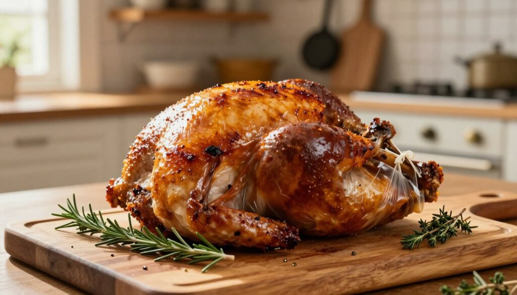 A beautifully roasted turkey breast in an oven bag, glistening with a golden-brown and slightly crispy skin, sits on a rustic wooden cutting board. A few sprigs of fresh rosemary and thyme are placed artfully beside it, enhancing the inviting look. In the background, a cozy kitchen setting is softly lit, with blurred details of warm wooden shelves and hanging pots, creating a homely atmosphere. The image captures a slightly overhead angle, allowing the viewer to admire the succulent texture of the turkey while highlighting the aromatic herbs. Natural light streams in from a nearby window, casting a warm glow and emphasizing the juiciness of the meat, inviting viewers to appreciate the dish's appeal.
