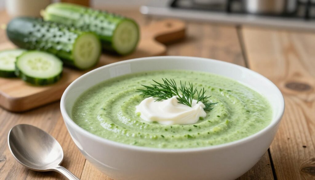 A beautifully styled bowl of creamy cucumber soup garnished with fresh dill and a dollop of sour cream, showcasing the ideal balance of tartness and smoothness. The soup has a vibrant green hue from fresh cucumbers, with a silky texture that highlights its creamy nature. In the foreground, the bowl is artfully placed on a rustic wooden table, with a silver spoon resting nearby. The middle ground features a gentle blur of fresh, uncut cucumbers and a cutting board, hinting at the preparation process. In the softly lit background, there's a cozy kitchen atmosphere with warm light illuminating the scene. The overall mood is inviting and appetizing, evoking warmth and comfort.