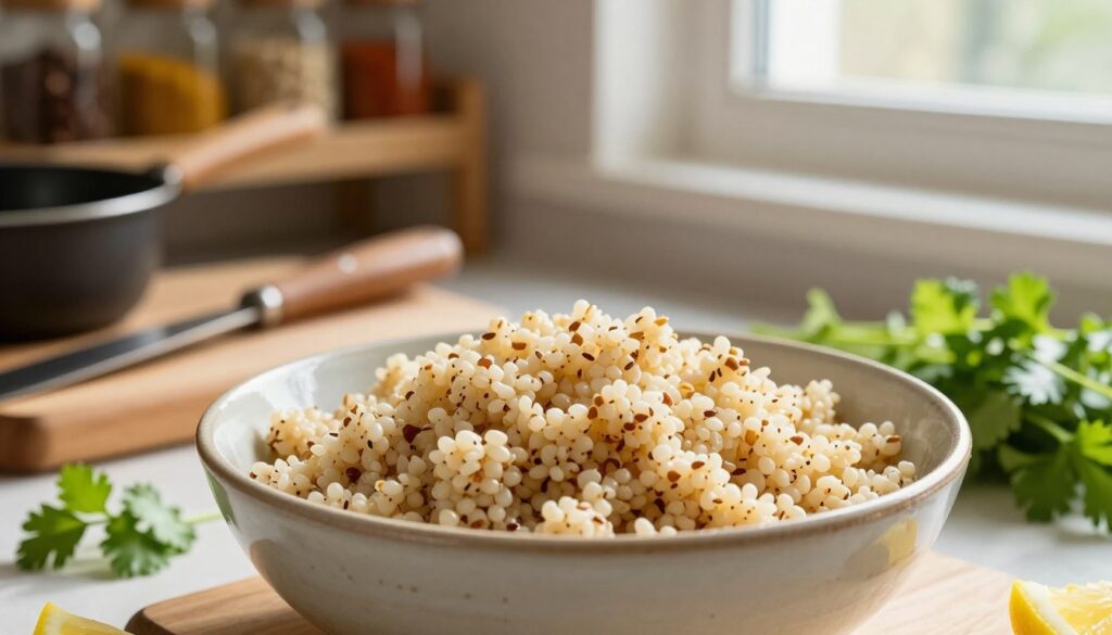 A beautifully styled kitchen setting featuring a perfectly cooked bowl of fluffy quinoa. In the foreground, focus on a ceramic bowl filled with light, airy quinoa grains, showcasing their distinct texture and sheen. Surrounding the bowl, include fresh herbs like parsley or cilantro and a hint of lemon zest for color contrast. In the middle, feature a wooden cutting board with a few cooking utensils and a small pot that hints at the cooking process. The background reveals a soft-focus of kitchen shelves filled with spices and grains, creating a warm and inviting atmosphere. Use natural sunlight streaming in from a nearby window to illuminate the scene, casting gentle shadows and highlighting the details. Aim for a cozy, homely feel that invites the viewer to explore the cooking experience.