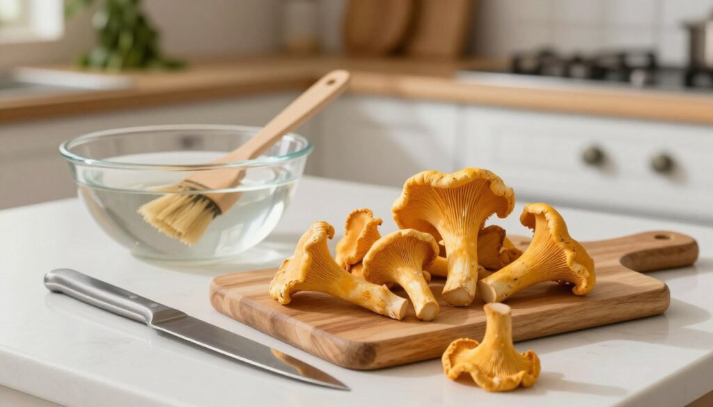 A bright kitchen countertop is the setting, with a clean, modern ambiance. In the foreground, several fresh chanterelle mushrooms (kurek) are sprawled on a wooden cutting board. A sharp knife lies beside them, glistening in soft, natural light. The mushrooms are vividly colored, showcasing their rich yellow-orange hues and unique textures. In the middle ground, a bowl of water and a small brush are positioned, suggesting the act of cleaning the mushrooms. The background features a softly blurred rustic kitchen with herbs hanging, adding to the homely feel. The lighting is warm and inviting, casting gentle shadows that emphasize the freshness of the ingredients while creating an atmosphere of culinary preparation and anticipation.
