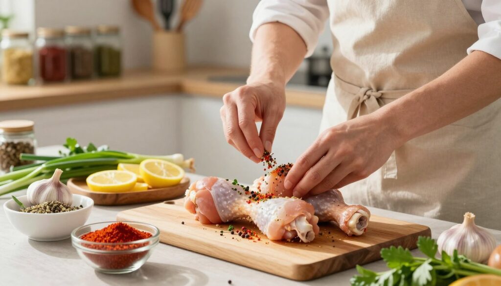 A bright kitchen scene focused on the preparation of chicken drumsticks for marinating. In the foreground, a skilled cook, dressed in a neat apron, carefully seasons the drumsticks with vibrant spices and herbs, surrounded by bowls of garlic, paprika, and fresh herbs. In the middle ground, a wooden cutting board holds a variety of fresh ingredients, including lemon slices and green onions, creating a colorful contrast. The background reveals shelves filled with jars of spices and kitchen utensils, softly blurred to emphasize the preparation work. Natural light floods the kitchen, casting soft shadows and highlighting the textures of the ingredients, evoking a warm, inviting atmosphere that celebrates culinary creativity.