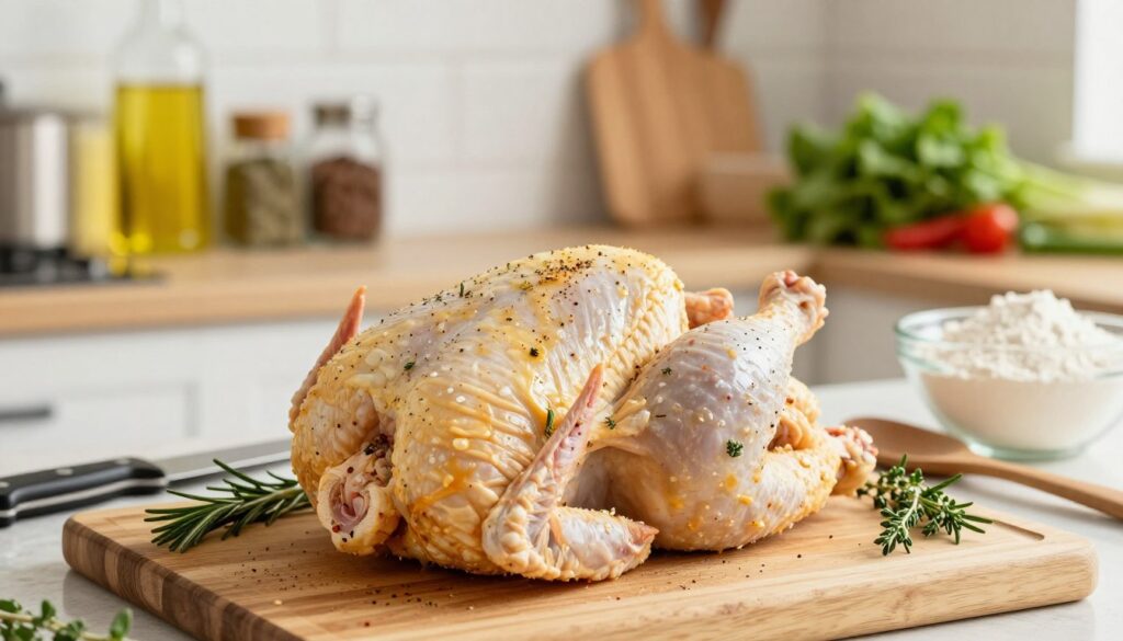 A clean and inviting kitchen setting where a whole chicken is being prepared for frying. In the foreground, the chicken is presented on a wooden cutting board, marinated with spices, and garnished with fresh herbs like rosemary and thyme. The middle ground features various kitchen utensils, including a sharp knife, a bowl of flour, and a wooden spoon. In the background, softly lit shelves hold cooking oils, seasonings, and fresh vegetables. The lighting is warm and natural, creating a cozy atmosphere, with a depth of field focusing on the chicken while softly blurring the background. Capture the essence of preparation with a sense of anticipation for a delicious meal ahead. A clean and inviting kitchen setting where a whole chicken is being prepared for frying. In the foreground, the chicken is presented on a wooden cutting board, marinated with spices, and garnished with fresh herbs like rosemary and thyme. The middle ground features various kitchen utensils, including a sharp knife, a bowl of flour, and a wooden spoon. In the background, softly lit shelves hold cooking oils, seasonings, and fresh vegetables. The lighting is warm and natural, creating a cozy atmosphere, with a depth of field focusing on the chicken while softly blurring the background. Capture the essence of preparation with a sense of anticipation for a delicious meal ahead.