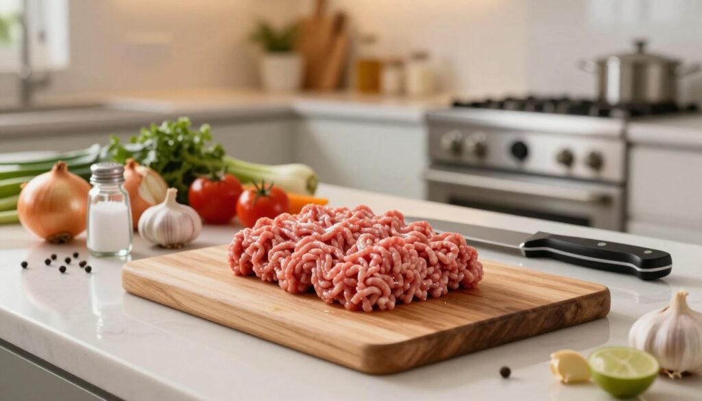 A clean kitchen countertop featuring raw ground meat being prepared for cooking. In the foreground, a wooden cutting board holds a generous pile of freshly minced meat, glistening slightly with moisture, while a sharp chef's knife rests beside it. In the middle ground, scattered ingredients and condiments like onions, garlic, salt, and pepper are arranged artistically around the board, with colorful vegetables waiting to be chopped. The background shows a modern kitchen with warm, soft lighting, highlighting the stainless-steel appliances and simple decor. The atmosphere is inviting and comforting, suggesting a home-cooking environment. The composition focuses on the action of preparing the ingredients, giving a sense of readiness for the cooking process ahead.