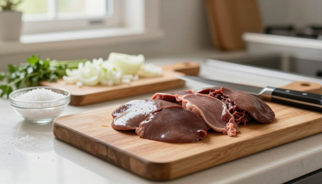 A close-up image of a beautifully arranged kitchen countertop showcasing the preparation of pork liver before frying. In the foreground, fresh slices of cleaned pork liver sit on a wooden cutting board, glistening and freshly trimmed. Beside it, a sharp knife and a small bowl of coarse sea salt are placed. In the middle ground, a cutting board with chopped onions and herbs decorates the scene. The background reveals a softly blurred kitchen setting, with natural light streaming in through a window, creating a warm, inviting atmosphere. The overall mood is one of calm and focus, perfect for someone preparing a delicious meal. The angle is slightly above the cutting board, providing a detailed view of the preparation process while maintaining a sense of warmth and homeliness.