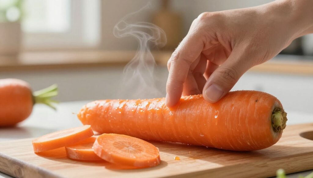 A close-up image showing a hand gently pressing a bright orange carrot to check its softness. The carrot should have a glistening texture, indicating it has been boiled, with steam rising subtly in the background. In the foreground, a wooden cutting board is visible, with a few boiled carrot slices neatly arranged beside the whole carrot. The background should feature a softly blurred kitchen setting, with warm, natural lighting illuminating the scene from a window, creating a cozy and inviting atmosphere. The angle should be slightly overhead, focusing on the interaction of the hand with the carrot, emphasizing the action of checking its tenderness.