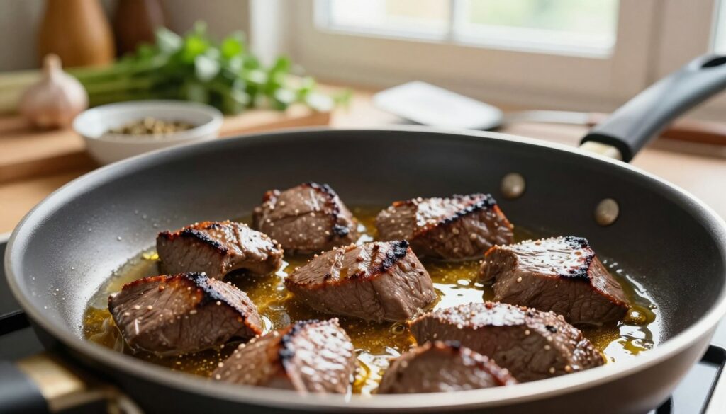 A close-up of a frying pan filled with perfectly cooked liver, sizzling in golden oil, set against a warm kitchen backdrop. The foreground features the pan with rich textures of the liver, showcasing its seared edges and glistening surface, while the middle ground displays kitchen utensils like a spatula and a small bowl of seasoning. The background consists of soft-focus kitchen elements, like herbs and ingredients arranged aesthetically, hinting at a homemade atmosphere. Natural light streams in from a nearby window, creating a soft glow and gentle shadows, enhancing the inviting and cozy mood of the cooking scene. The angle is slightly tilted to emphasize the frying pan, capturing the essence of preparing liver at the perfect frying temperature. A close-up of a frying pan filled with perfectly cooked liver, sizzling in golden oil, set against a warm kitchen backdrop. The foreground features the pan with rich textures of the liver, showcasing its seared edges and glistening surface, while the middle ground displays kitchen utensils like a spatula and a small bowl of seasoning. The background consists of soft-focus kitchen elements, like herbs and ingredients arranged aesthetically, hinting at a homemade atmosphere. Natural light streams in from a nearby window, creating a soft glow and gentle shadows, enhancing the inviting and cozy mood of the cooking scene. The angle is slightly tilted to emphasize the frying pan, capturing the essence of preparing liver at the perfect frying temperature.