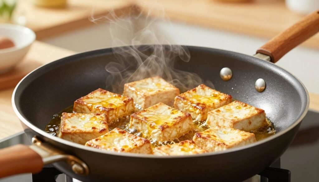 A close-up of a frying pan on a stove, showcasing a glossy surface filled with golden oil, perfect for frying tofu. The pan is non-stick, emphasizing shiny, reflective details that capture the light. In the foreground, pieces of tofu are sizzling, with steam gently rising, highlighting a crispy exterior and soft interior. Behind the pan, a warm, inviting kitchen space creates a cozy atmosphere, with soft natural light illuminating the scene. A wooden spatula rests beside the pan, suggesting an atmosphere of cooking in progress. Ensure the image has a bright, appetizing tone, focusing on textures and colors that make the food look tempting and delicious. A close-up of a frying pan on a stove, showcasing a glossy surface filled with golden oil, perfect for frying tofu. The pan is non-stick, emphasizing shiny, reflective details that capture the light. In the foreground, pieces of tofu are sizzling, with steam gently rising, highlighting a crispy exterior and soft interior. Behind the pan, a warm, inviting kitchen space creates a cozy atmosphere, with soft natural light illuminating the scene. A wooden spatula rests beside the pan, suggesting an atmosphere of cooking in progress. Ensure the image has a bright, appetizing tone, focusing on textures and colors that make the food look tempting and delicious.