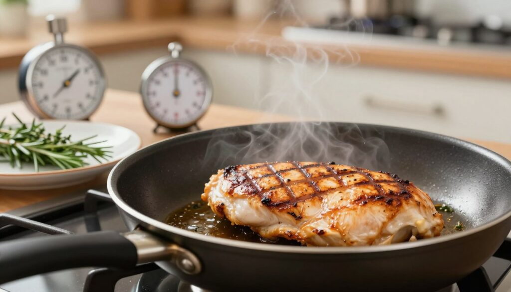 A close-up of a frying pan on a stovetop, featuring a perfectly seared chicken breast. In the foreground, the chicken is golden brown with visible grill marks and glistening with light, suggesting it has been cooked to perfection. In the middle ground, various factors impacting frying time are artfully represented: a timer to indicate cooking duration, a meat thermometer showing optimal internal temperature, and a plate with fresh herbs like rosemary and thyme for flavor. In the background, a kitchen atmosphere with soft, warm lighting creates a cozy and inviting feel, emphasizing a home-cooking environment. The angle captures the sizzling chicken with steam rising, showcasing the dynamic process of cooking while maintaining clarity and focus on the key elements. A close-up of a frying pan on a stovetop, featuring a perfectly seared chicken breast. In the foreground, the chicken is golden brown with visible grill marks and glistening with light, suggesting it has been cooked to perfection. In the middle ground, various factors impacting frying time are artfully represented: a timer to indicate cooking duration, a meat thermometer showing optimal internal temperature, and a plate with fresh herbs like rosemary and thyme for flavor. In the background, a kitchen atmosphere with soft, warm lighting creates a cozy and inviting feel, emphasizing a home-cooking environment. The angle captures the sizzling chicken with steam rising, showcasing the dynamic process of cooking while maintaining clarity and focus on the key elements.