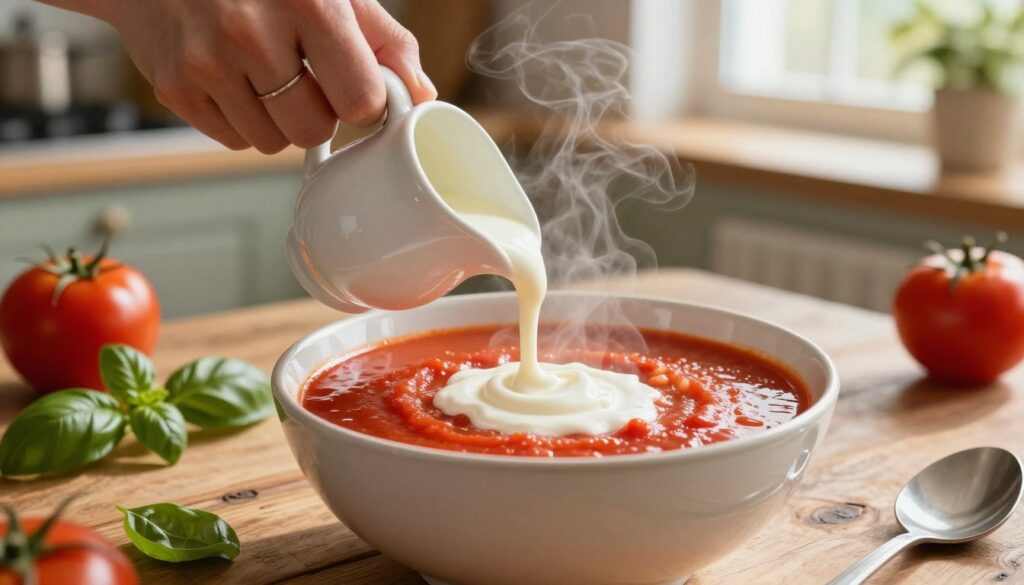 A close-up of a hand gently drizzling creamy sour cream into a steaming bowl of vibrant red tomato soup, capturing the swirl of the cream as it blends with the soup. The foreground features the hand adorned with a simple, elegant ring, holding a small porcelain jug. In the middle, the bowl is placed on a rustic wooden table, surrounded by fresh basil leaves and tomatoes, highlighting the freshness of the ingredients. The background softly blurs out, featuring a warm kitchen setting with sunlight filtering through a window, creating a cozy, inviting atmosphere. The overall mood is homey and comforting, emphasizing the delightful process of enhancing a flavorful tomato soup. A close-up of a hand gently drizzling creamy sour cream into a steaming bowl of vibrant red tomato soup, capturing the swirl of the cream as it blends with the soup. The foreground features the hand adorned with a simple, elegant ring, holding a small porcelain jug. In the middle, the bowl is placed on a rustic wooden table, surrounded by fresh basil leaves and tomatoes, highlighting the freshness of the ingredients. The background softly blurs out, featuring a warm kitchen setting with sunlight filtering through a window, creating a cozy, inviting atmosphere. The overall mood is homey and comforting, emphasizing the delightful process of enhancing a flavorful tomato soup.