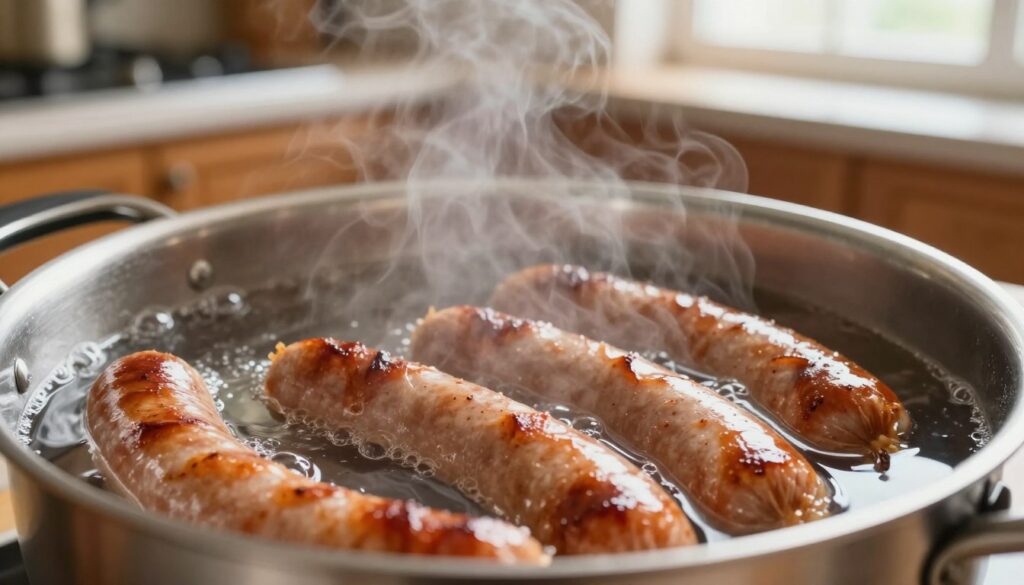 A close-up of a pot filled with steaming hot water, where several plump sausages are gently submerged, their surfaces glistening in the steam. In the foreground, focus on the sausages, showcasing their savory texture and rich color. The middle ground features a stainless steel pot with water bubbles rising to the surface, edged with a light mist of steam. The background is a cozy kitchen setting, with warm wooden cabinets and soft, natural light filtering in through a window, casting gentle reflections on the pot. The atmosphere conveys a sense of homeliness and warmth, suggesting the simple joy of preparing a delicious meal. A close-up of a pot filled with steaming hot water, where several plump sausages are gently submerged, their surfaces glistening in the steam. In the foreground, focus on the sausages, showcasing their savory texture and rich color. The middle ground features a stainless steel pot with water bubbles rising to the surface, edged with a light mist of steam. The background is a cozy kitchen setting, with warm wooden cabinets and soft, natural light filtering in through a window, casting gentle reflections on the pot. The atmosphere conveys a sense of homeliness and warmth, suggesting the simple joy of preparing a delicious meal.