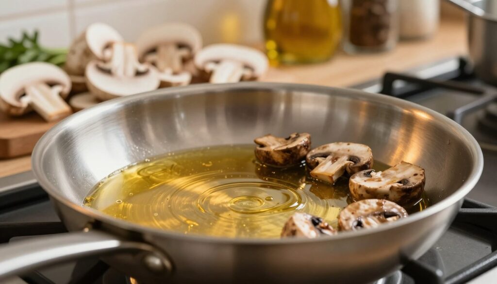 A close-up of a stainless steel frying pan on a stovetop, glistening with golden cooking oil, ready for sautéing mushrooms. In the foreground, focus on the smooth surface of the oil, reflecting soft, warm kitchen lighting. The middle ground features fresh, sliced mushrooms, white and brown varieties, arranged artistically before the pan, hinting at their imminent cooking. In the background, a gently blurred kitchen setting with subtle hints of herbs and spices, enhancing the culinary atmosphere. The lighting is warm and inviting, suggesting a cozy cooking environment, while the angle captures the essence of preparation and anticipation. The overall mood is appetizing and vibrant, emphasizing the importance of the right cooking fat for achieving perfectly sautéed mushrooms.