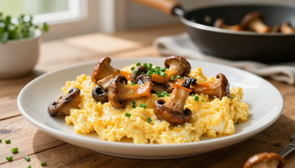 A close-up of creamy scrambled eggs with chanterelle mushrooms, beautifully presented on a rustic wooden table. The scrambled eggs are fluffy and rich in texture, showcasing a pale yellow hue mixed with the vibrant orange of the sautéed chanterelles, which are glistening from being perfectly cooked. In the foreground, on a white porcelain plate, a sprinkle of fresh chives adds a pop of green. In the background, softly blurred kitchen elements like a frying pan and herbs in a small pot create a warm, homey atmosphere. Natural light streams in from a nearby window, casting gentle shadows and enhancing the dish's inviting appeal. Please ensure that the composition feels refined and appetizing, evoking a sense of comfort and culinary delight.
